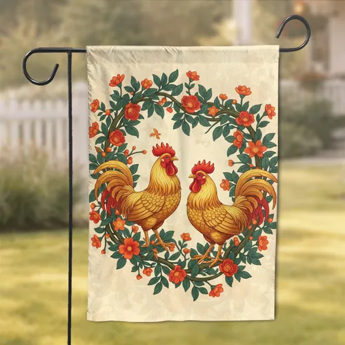 Golden Hens Roosters Floral Vines Botanical - Farmhouse Home Decor Gift for Chicken Lover Garden Flag