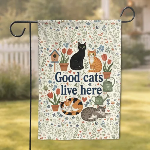 Good Cats Live Here Text Four Cats Potted Plants Botanical - Home Decor Gift for Cat Owners Garden Flag