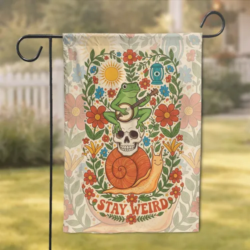 Green Frog Banjo Human Skull Snail Evil Eye Lantern Sun Floral Stay Weird - Home Decor Gift Garden Flag