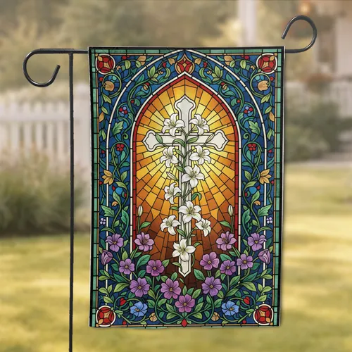 Stained Glass Cross Window with Lilies and Flowers - Home Decor Gift for Christian Home Garden Flag