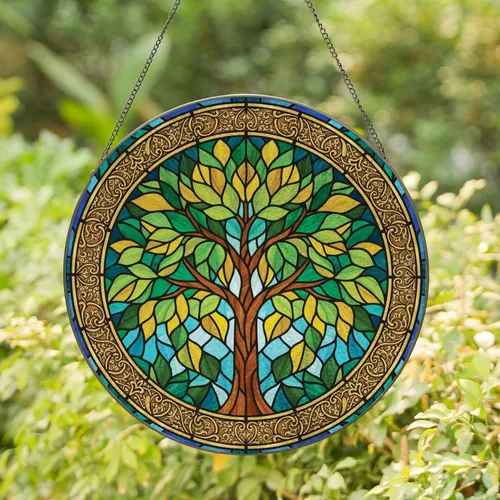 Tiffany Glass Tree Green Leaves Ornate Gold Border Mosaic Sky - Home Decor Gift for Nature Lover Stained Glass Suncatcher