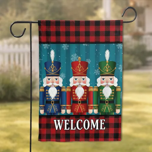Nutcracker Soldiers Welcome Plaid Snowflakes - Festive Christmas Home Decor Gift Garden Flag