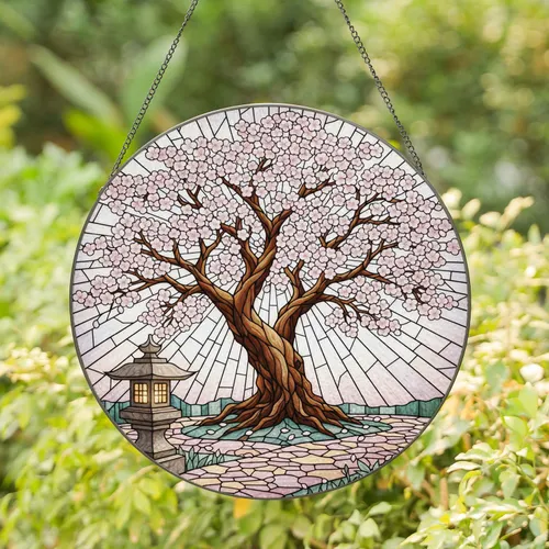Gnarled Cherry Blossom Tree Japanese Lantern Mosaic Path - Home Decor Gift for Garden Lover Stained Glass Suncatcher