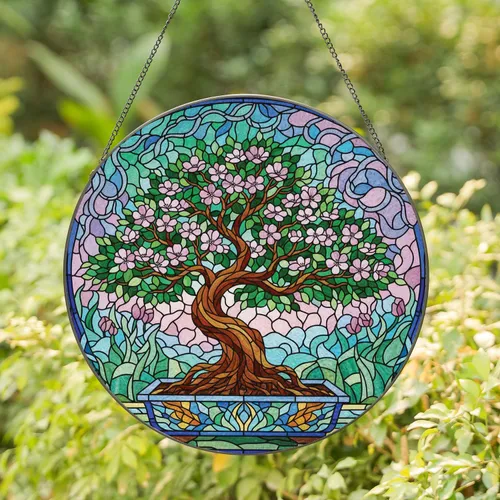 Gnarled Bonsai Tree Pink Purple Flowers Mosaic Pot - Serene Garden Home Decor Gift Stained Glass Suncatcher