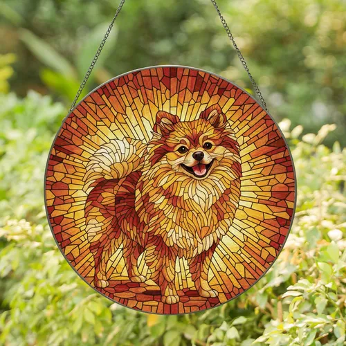 Fluffy Smiling Pomeranian Dog with Perked Ears and Bushy Tail Home Decor Gift for Dog Lovers Stained Glass Suncatcher