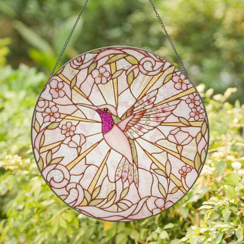 Hummingbird Pressed Flowers Stained Glass Floral Botanical Mosaic - Home Decor Gift Stained Glass Suncatcher