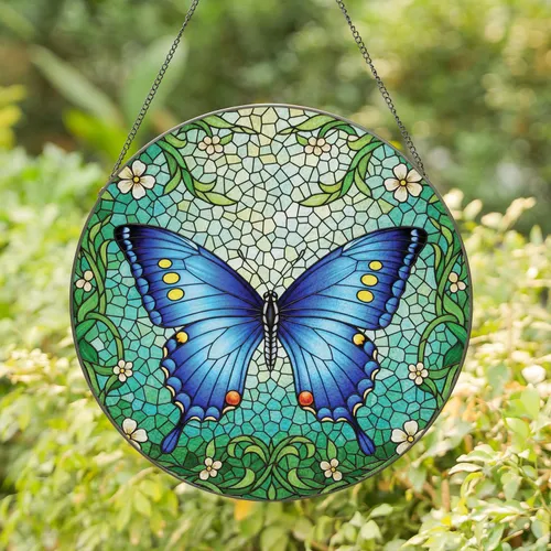 Blue Swallowtail Butterfly Floral Garden Mosaic - Home Decor Gift Stained Glass Suncatcher