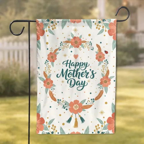 Happy Mother's Day Floral Wreath Heart Ladybug - Mother's Day Gift for Mom Garden Flag