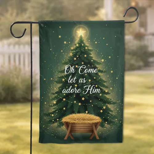 Christmas Tree Manger Oh Come Let Us Adore Him - Religious Holiday Decor Garden Flag