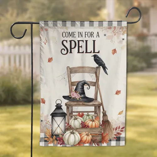 Buffalo Plaid Witch Hat Crow Pumpkins Come In For A Spell Autumn Halloween Home Decor Garden Flag