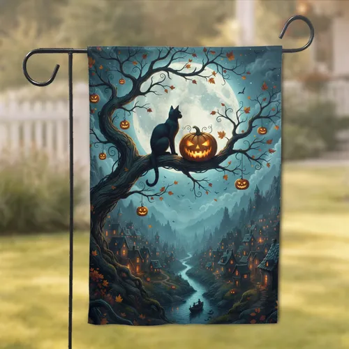 Black Cat Full Moon Jack-o'-Lantern Village Eerie Night Home Decor Gift for Cat Lover Garden Flag