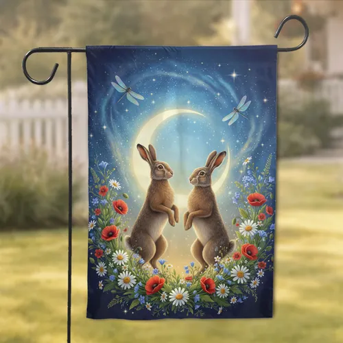 Dancing Hares Wildflower Wreath Celestial Night Sky - Home Decor Gift Garden Flag