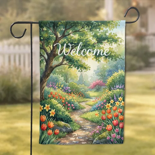 Welcome Script Sun-Drenched Cottage Garden Floral Path - Everyday Home Decor Gift Garden Flag