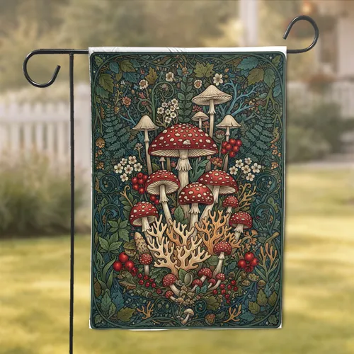 Forest Mushrooms Red Berries Woodland Flowers Ferns - Nature Home Decor Gift Garden Flag