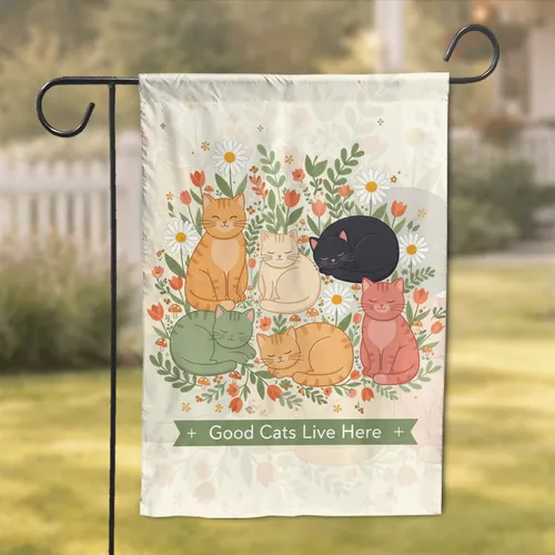 Seven Domestic Cats 'Good Cats Live Here' Floral - Home Decor Gift for Cat Lover Garden Flag