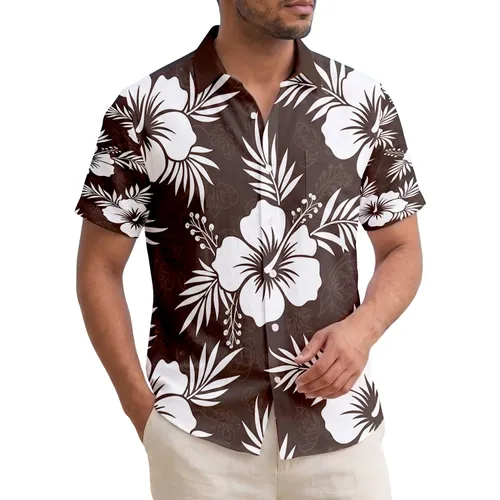 Hibiscus Tropical Leaves Dark Brown White - Tropical Lifestyle Gift Hawaiian Shirt