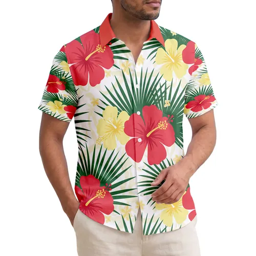 Red Hibiscus Yellow Hibiscus Palm Fronds Tropical Leaves - Everyday Use Gift Hawaiian Shirt