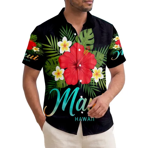 Maui HAWAII Red Hibiscus White Plumeria Green Leaves - Tropical Island Home Decor Gift Hawaiian Shirt