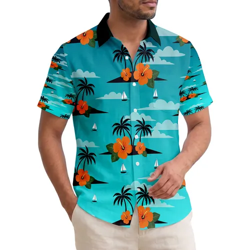 Serene Paradise Island Palm Trees Hibiscus Sailboats Travel Essentials Gift Hawaiian Shirt