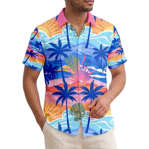 Palm Tree Ocean Waves Sun Clouds Leaf Accents - Tropical Resort Wear Holiday Gift Hawaiian Shirt