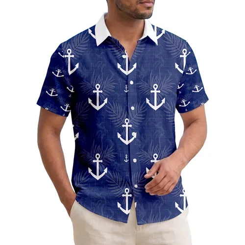 Crisp White Anchor Icons Navy Blue Waves Palm Fronds - Travel Essentials Gift Hawaiian Shirt