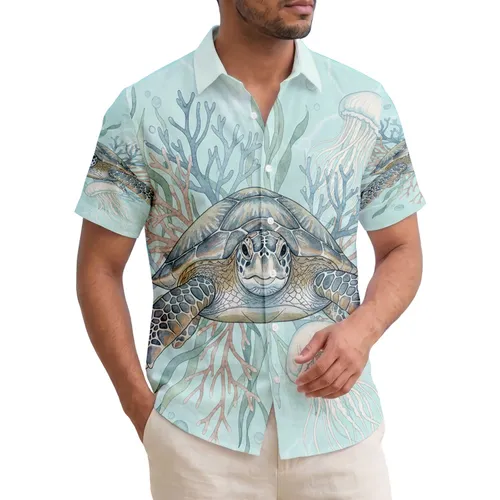 Tropical Sea Turtle Delicate Coral Jellyfish Underwater Scene - Ocean Life Lover Gift Hawaiian Shirt