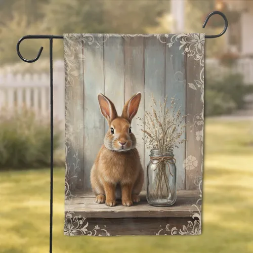 Fluffy Rabbit Mason Jar Dried Grasses Rustic Wood Wall - Farmhouse Decor Gift Garden Flag