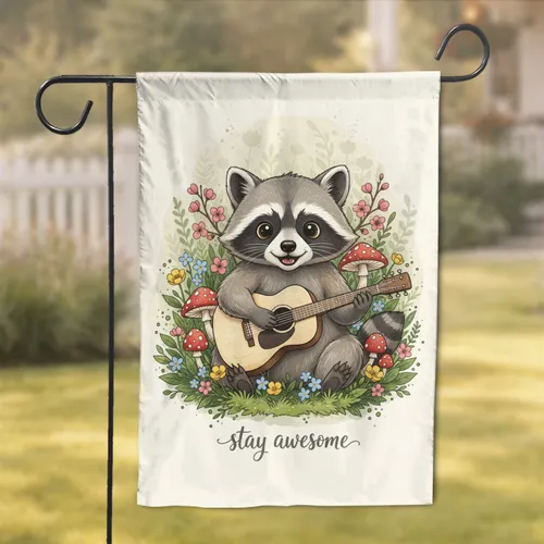 Raccoon Acoustic Guitar Stay Awesome Woodland Wildflower - Home Decor Gift for Nature Lovers Garden Flag