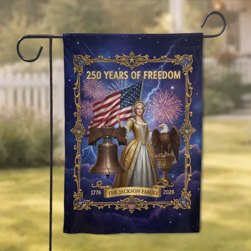 Custom Family Name Lady Liberty Bald Eagle Liberty Bell American Flag - USA 250th Anniversary Garden Flag