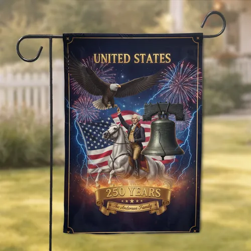 Custom Family Name George Washington Bald Eagle Liberty Bell American Flag - USA 250th Anniversary Garden Flag