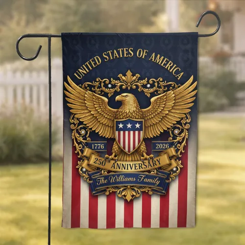 Golden Bald Eagle USA 250th Anniversary Independence Day Custom Family Name Garden Flag
