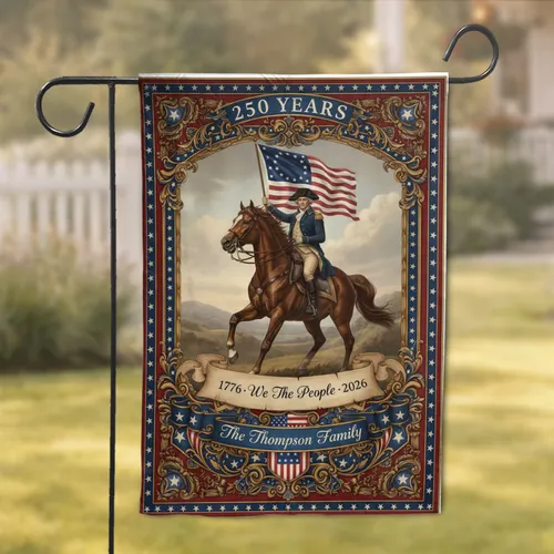 George Washington Equestrian Betsy Ross Flag 1776-2026 - USA 250th Anniversary Custom Family Name Garden Flag
