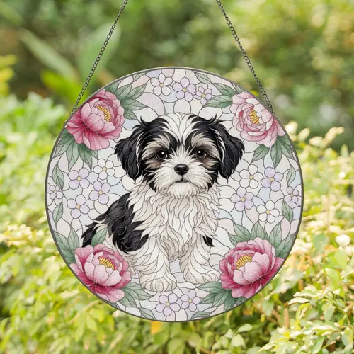 Black White Shih Tzu Puppy Peony Floral - Home Decor Gift for Dog Lover Stained Glass Suncatcher