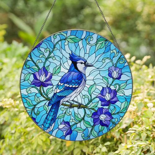 Perched Blue Jay Ornate Flower Mosaic - Luminous Home Decor Gift for Wildlife Lovers Stained Glass Suncatcher