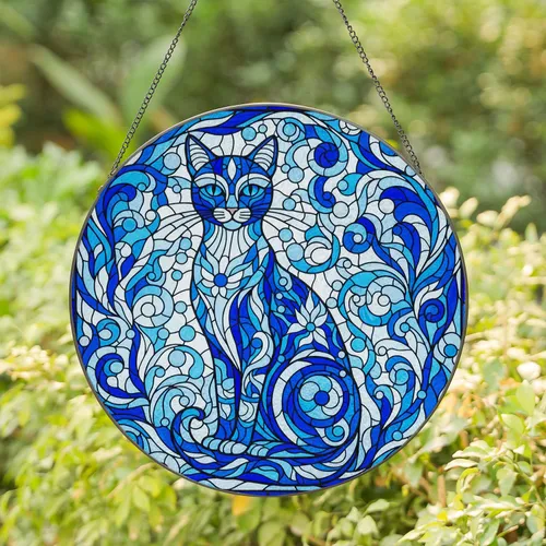 Regal Cat Floral Mosaic Swirling Tendrils Leaf Organic Shapes - Home Decor Gift for Cat Lover Stained Glass Suncatcher