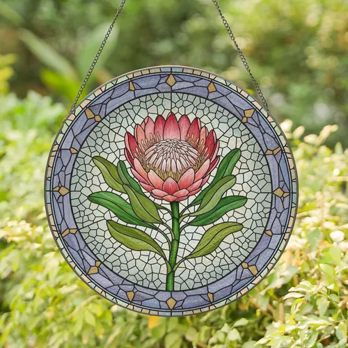 Protea Flower Bloomed Stained Glass Mosaic Sunlit Home Decor Gift for Gardeners & Plant Lovers Stained Glass Suncatcher