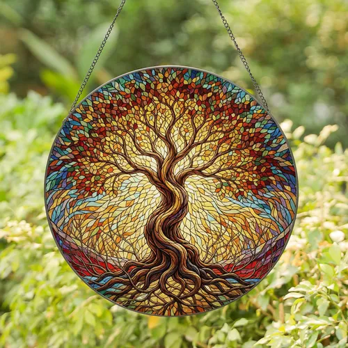 Gnarled Tree of Life Spreading Roots Multicolored Leaves Glowing Mosaic - Home Decor Gift Stained Glass Suncatcher