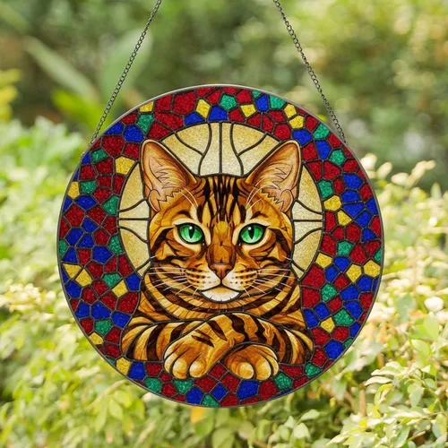 Emerald Eye Striped Bengal Cat Crossed Paws Mosaic - Home Decor Gift for Cat Lovers Stained Glass Suncatcher