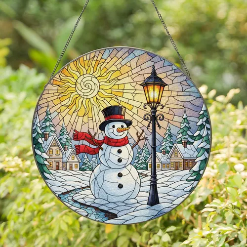 Cheerful Snowman Street Lantern Winter Village - Holiday Home Decor Gift Stained Glass Suncatcher