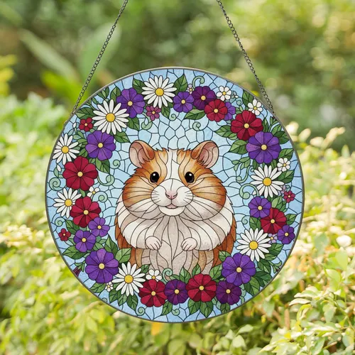 Plump Bicolored Hamster Daisies Petunias Floral Wreath Home Decor Gift for Hamster Lover Stained Glass Suncatcher