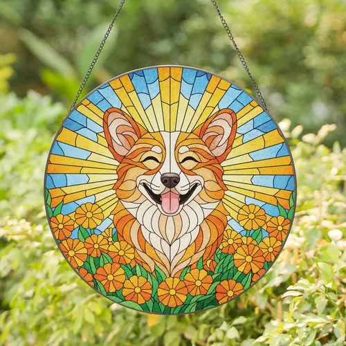 Corgi Dog Sunbeams Flowers Blue Sky - Home Decor Gift for Dog Lovers Stained Glass Suncatcher