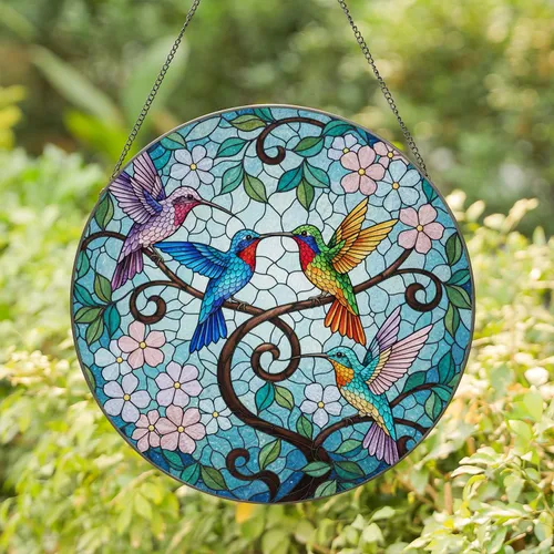 Four Vibrantly Colored Hummingbirds Twisting Branch Flower Mosaic - Home Decor Gift Stained Glass Suncatcher