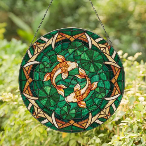 Orange White Koi Fish Lily Pads Yin Yang - Home Decor Gift for Koi Fish Lover Stained Glass Suncatcher