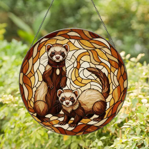 Curious Collared Ferrets Tiffany Stained Glass Mosaic - Wildlife Lover Home Decor Gift Stained Glass Suncatcher