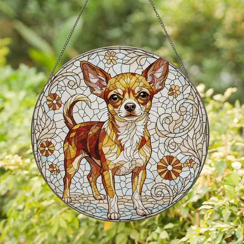 Chihuahua Dog Flowing Leaf Stained Glass Mosaic - Home Decor Gift for Dog Owners & Pet Lovers Stained Glass Suncatcher