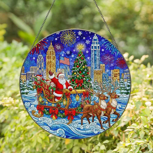 Santa Claus Christmas Parade Reindeer American Flag - Christmas Holiday Decor Gift Stained Glass Suncatcher