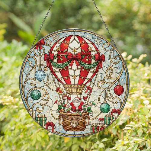 Christmas Hot Air Balloon Santa Gifts - Christmas Holiday Decor Stained Glass Suncatcher