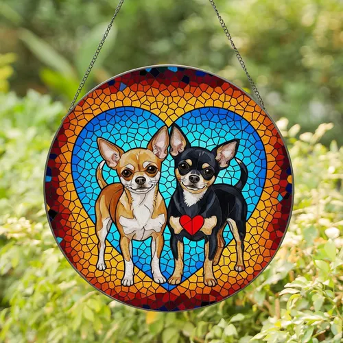 Chihuahua Dogs Heart Frame Vibrant Mosaic Glass - Pet Lover Home Decor Gift Stained Glass Suncatcher