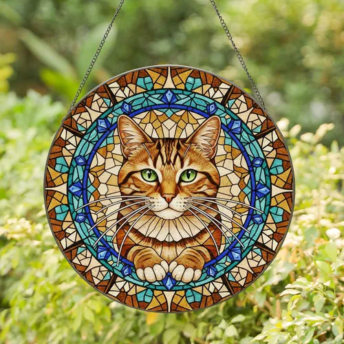 Tabby Cat Green Eyes Blue Gem Mosaic - Home Decor Gift for Cat Lover Stained Glass Suncatcher