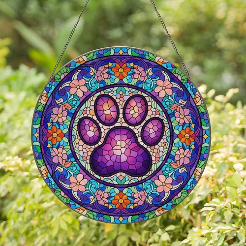 Vibrant Pet Paw Print Floral Mosaic - Tiffany Stained Glass Pet Lover Gift Stained Glass Suncatcher